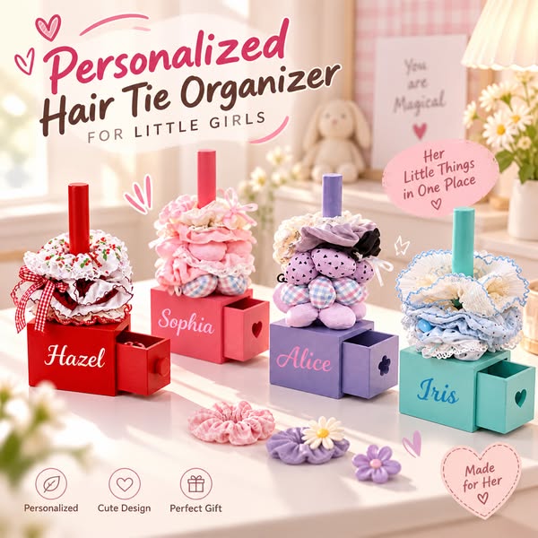 Personalized Hair Scrunchie Holder with Name, Wooden Hair Accessory Organizer with Storage Drawer, Room Decor, Birthday Gift for Girls/Kids/