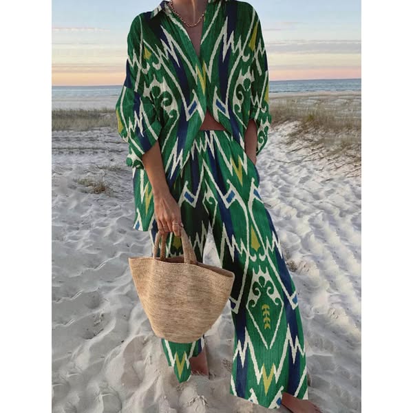 Unique Ethnic Pattern Printed Long-Sleeved Shirt And Wide-Leg Pants Set