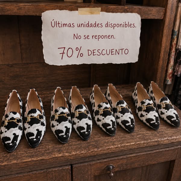 ¿Sabéis lo difícil que es encontrar un zapato bonito que no destroce los pies? Estos mocasines son la excepción. Estampado de vaca, hebilla