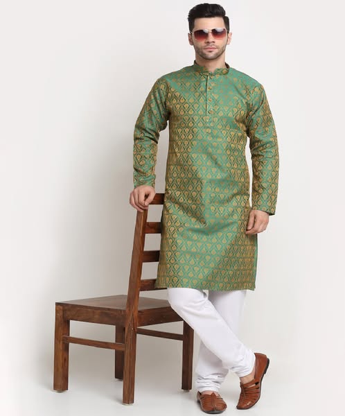 Men Jacquard Woven Design Green Kurta & White Churidar Set - Churidar-kurta