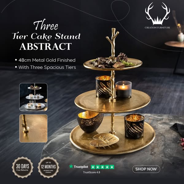 Three Tier Cake Stand Abstract 48cm Metal Gold