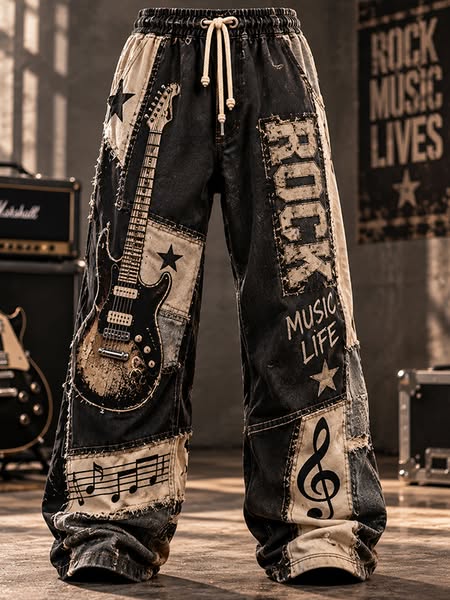 Men's Rock Style Electric Guitar And Music Notes Pattern Casual Pants