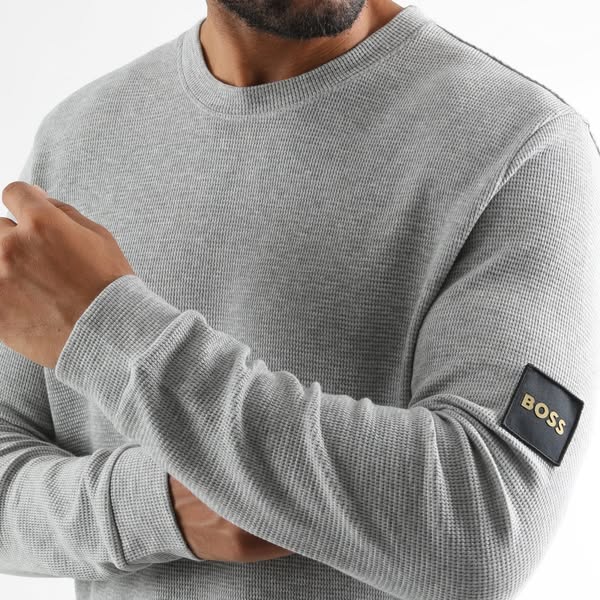 BOSS - Camisola com Capuz Crewneck Waffle Patch Cinzento Mesclado Exclusivo Ryses - LaBoutiqueOfficielle.com