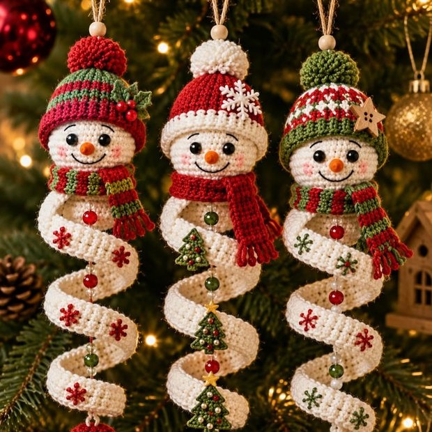 Custom Crochet Snowman Ornament, Spiral Christmas Amigurumi, Set of 3pcs