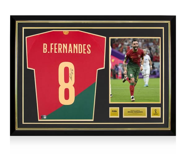 Bruno Fernandes Official 2022 FIFA World Cup™ Back Signed and Hero Framed Portugal 2022-23 Home Shirt With Fan Style Numbers