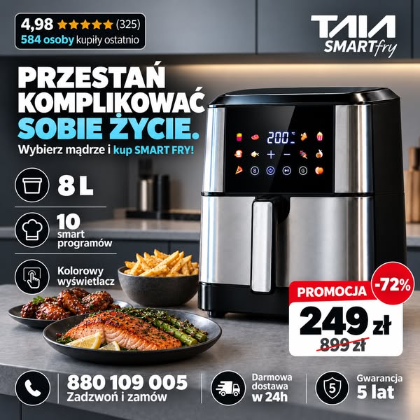 MEGA WYPRZEDAŻ TAIA SMART FRY Air Fryer 8 L 1800W kolorowy panel LED 10 programów i szybkie fit obiady
