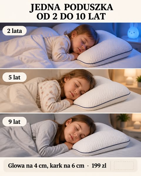 Jedna poduszka od 2 do 10 lat · Głowa na 4 cm, kark na 6 cm