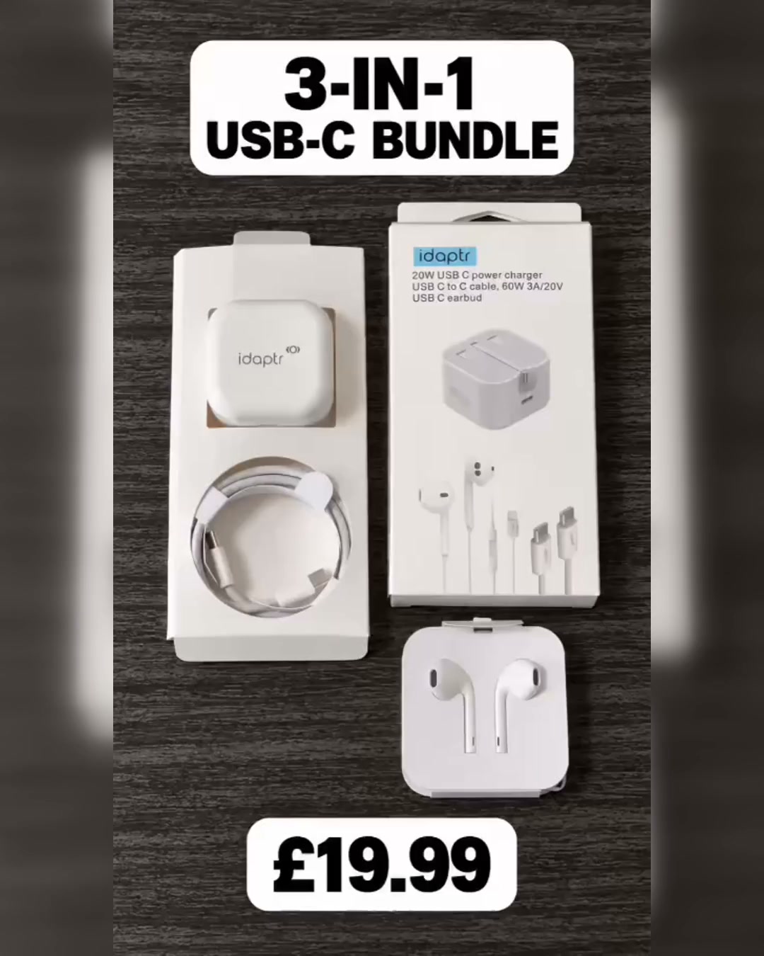Headline: 20W Charger + Cable + Earbuds — £19.99