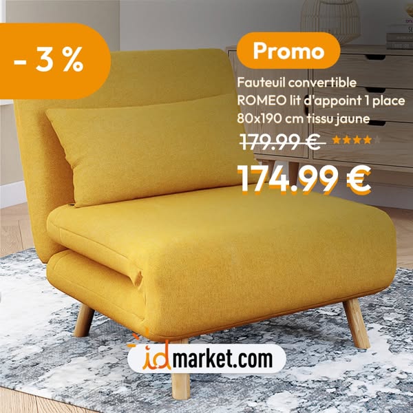 Fauteuil convertible en lit 80x190cm tissu jaune