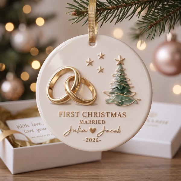 Personalized "First Christmas Married" Ceramic Ornament