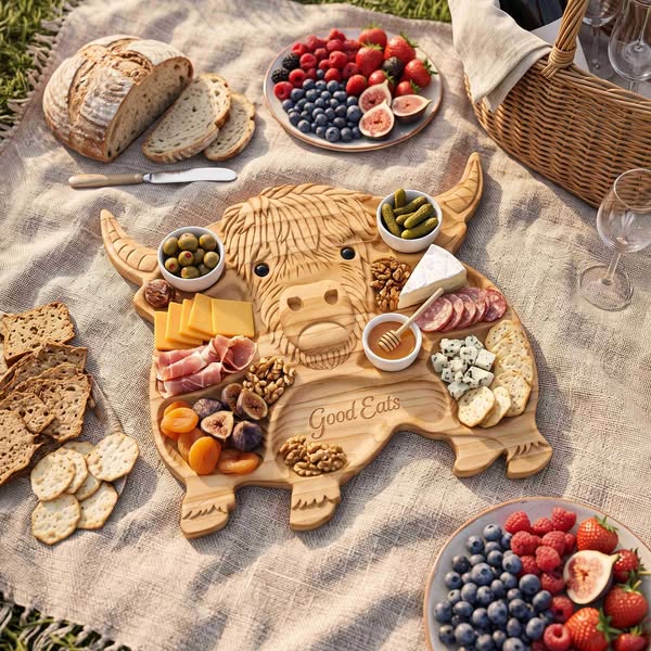Custom Name Engraved Highland Cow Charcuterie Board, Multi-Compartment Wooden Serving Tray, Kitchen Accessory, Housewarming Gift for Hostess