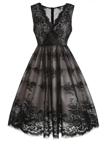 Black 1950s Lace Floral Swing Dress - Black / S