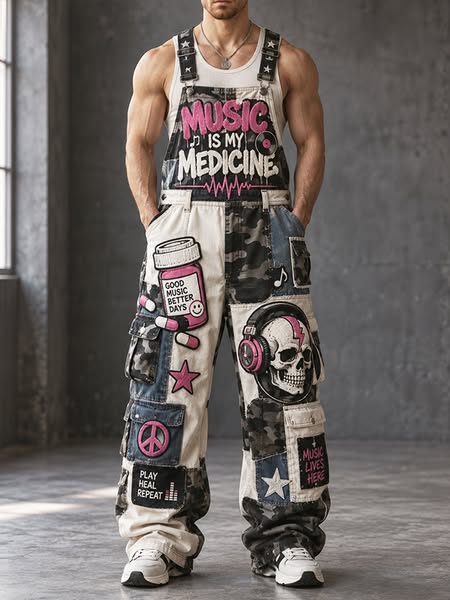 Men's Music Is My Medicine Skull Patchwork Pattern Overalls Jumpsuit