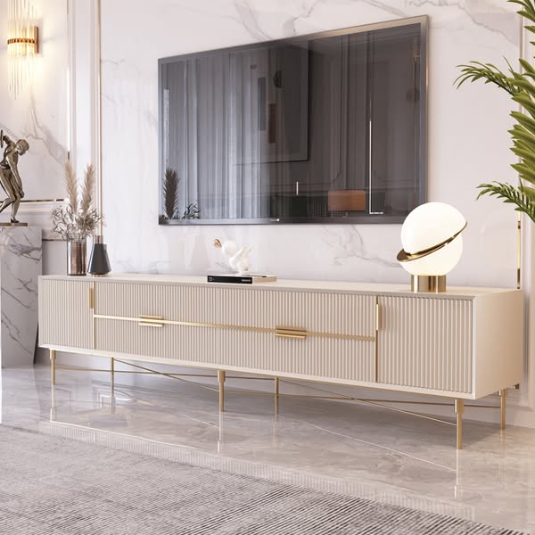 86.6" Rectangle Off White TV Stand Media Console for 85" TV with 4 Drawers & Doors
