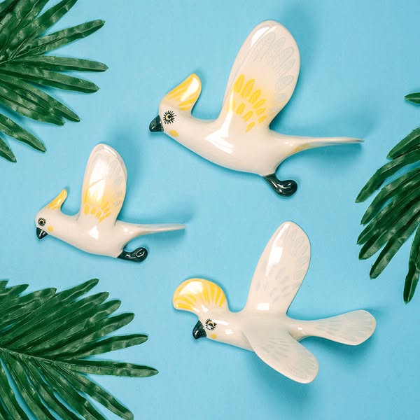 Three Flying Cockatoos Ceramic Wall Art