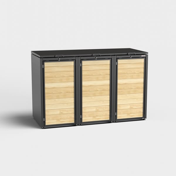 Trash bin box 3-compartment (240l) | Holzmichl | Black (RAL9005) | with lid | made of wood