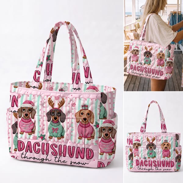 SALE! Retro Dachshund Christmas Patchwork Multiple Pockets Quilted Tote Bag