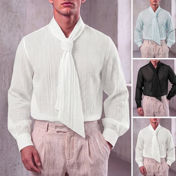 Men's Retro Party Integrated Ascot Scarf Crinkle Long Sleeve Shirt SKU