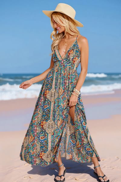 Boho Paisley Plunging Maxi Dress