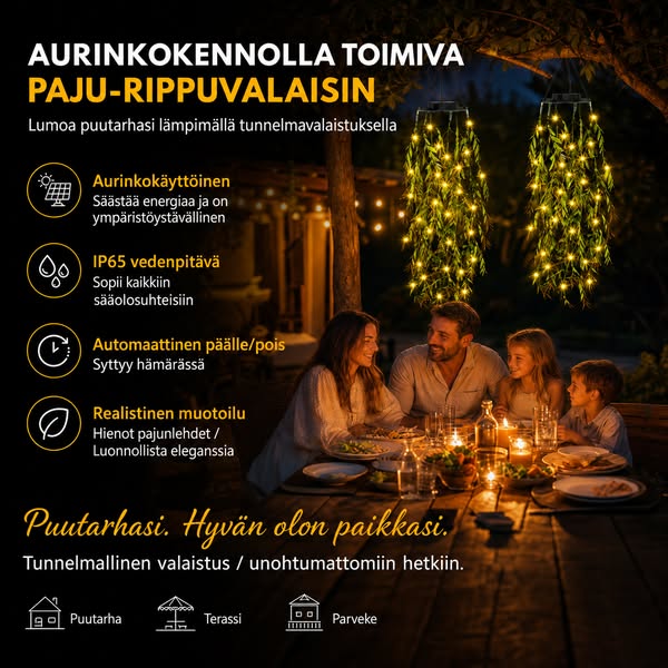 Aurinkokennolla toimiva paju-rippuvalaisin