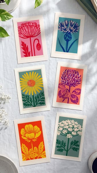 Six bold linocut wildflowers
