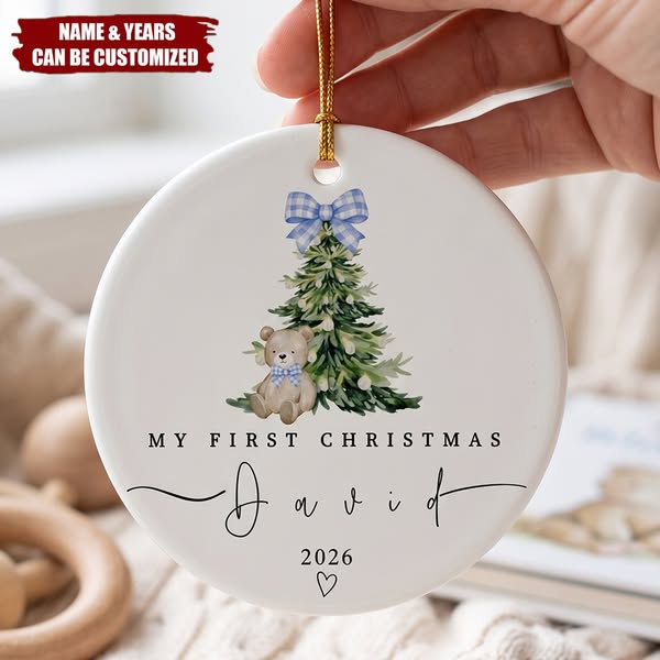 Personalized Baby First Christmas Ceramic Ornament, Custom Name Keepsake