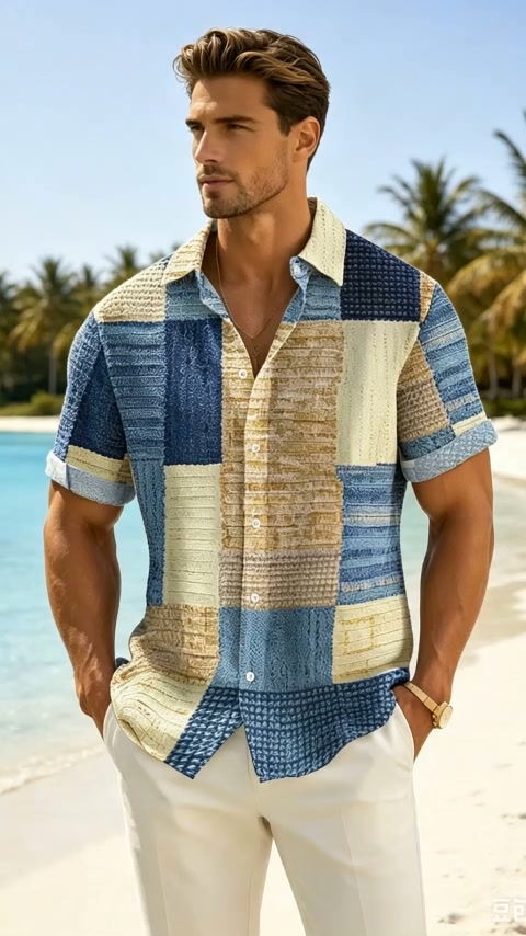Men's color-block print shirt—a loose, casual shirt suitable for everyday wear.