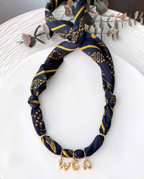 Personalized Silk Scarf Bandana Necklace, Gold Bubble Letter Charms, Game Day Accessory