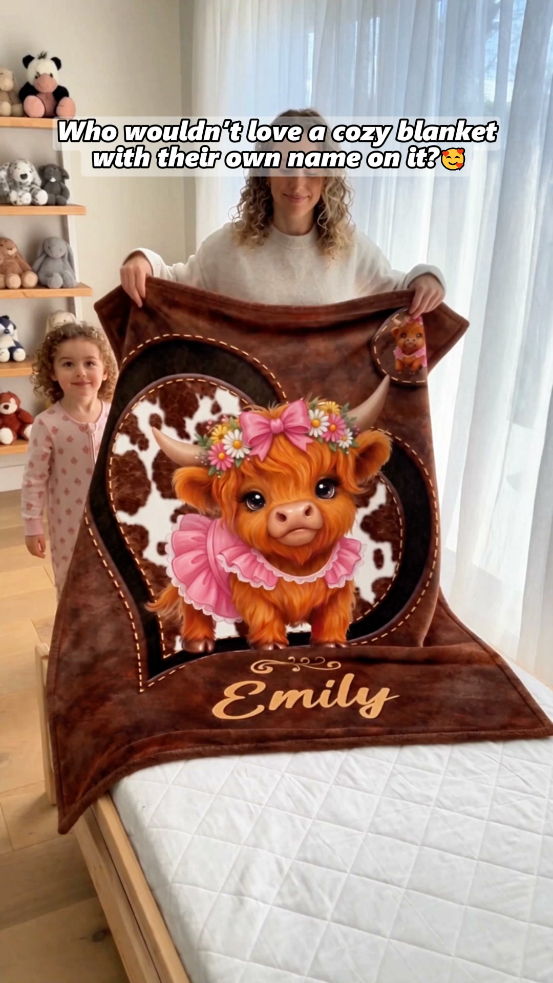 Personalized Soft Warm Highland Cow Heart Pattern Throw Blanket With Name Living Room Home for Highland Cow Lovers