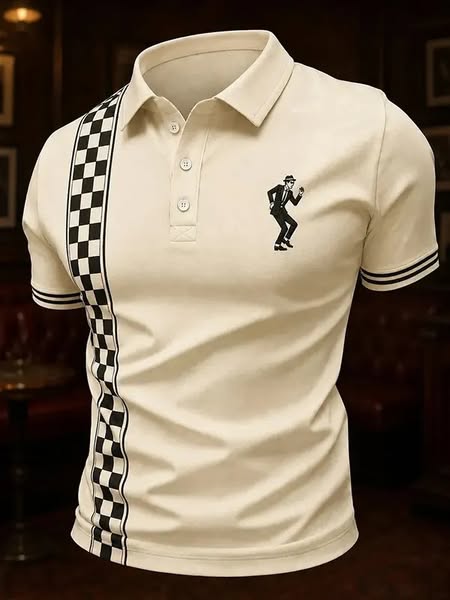 Men's Retro Music 2-Tone Ska Black And White Checkerboard Gentleman Print Short Sleeve Polo Shirt