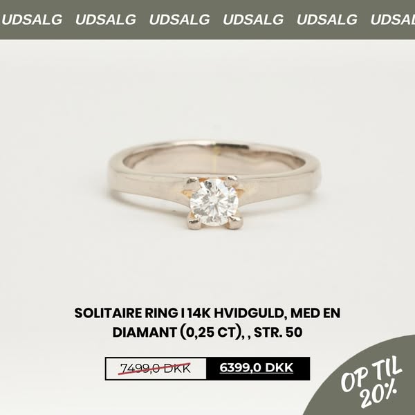 Solitaire ring i 14K hvidguld, med en diamant (0,25 ct), klofatning, Str. 50