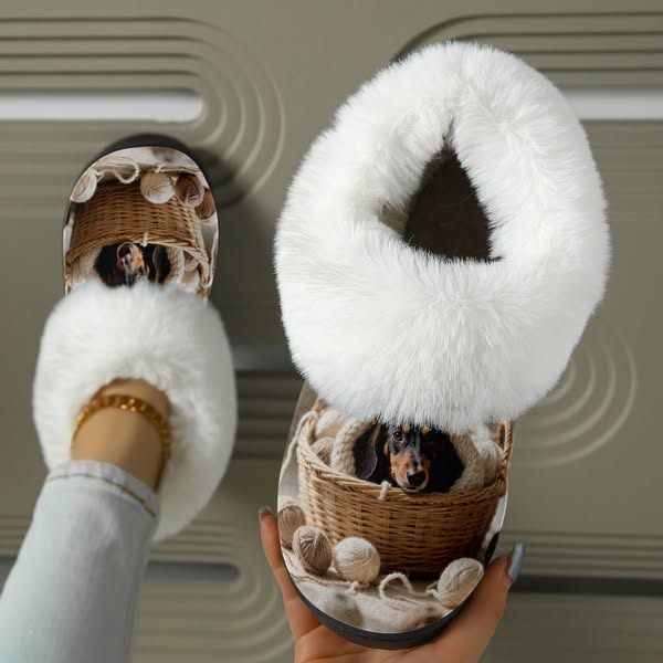 Women's Cute Dachshund Floral Print Furry Collar Indoor/Outdoor Shoes