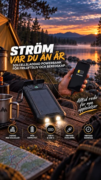 Powerbank med solceller – tålig, vattentät & 10 000 mAh