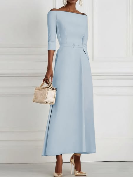 White Classic Off The Shoulder Half Sleeve A-Line Maxi Dress Light Blue-US14