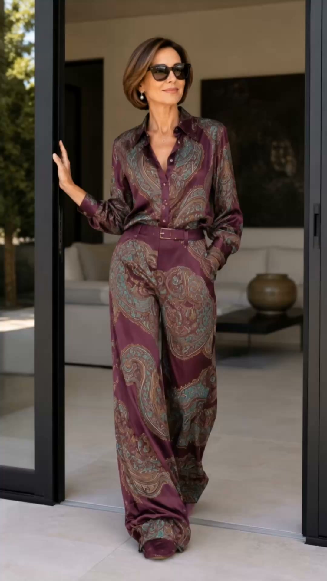 Conjunto satinado cachemire con pantalón ancho