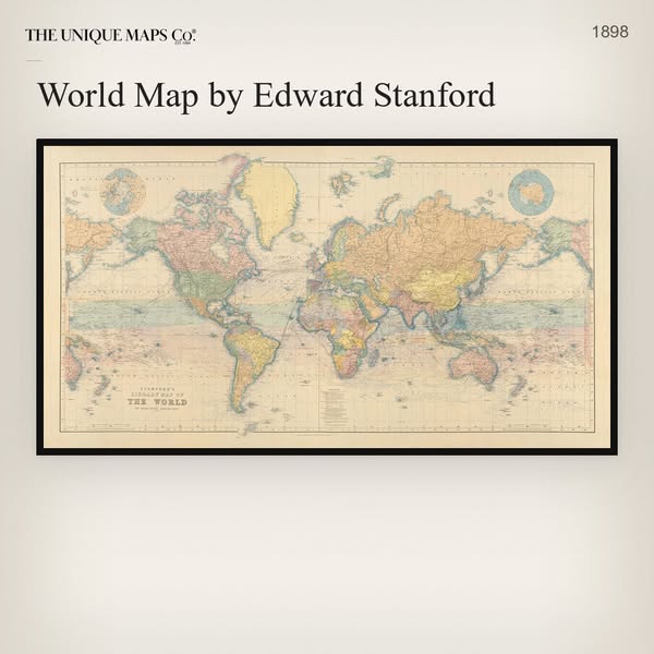 World Map 1898 by Edward Stanford - Mercator Projection, Telegraph Cables