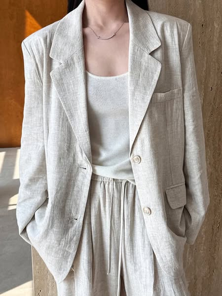Oatmeal Linen Relaxed Blazer & Wide-Leg Trousers 2-piece Set Oatmeal-S