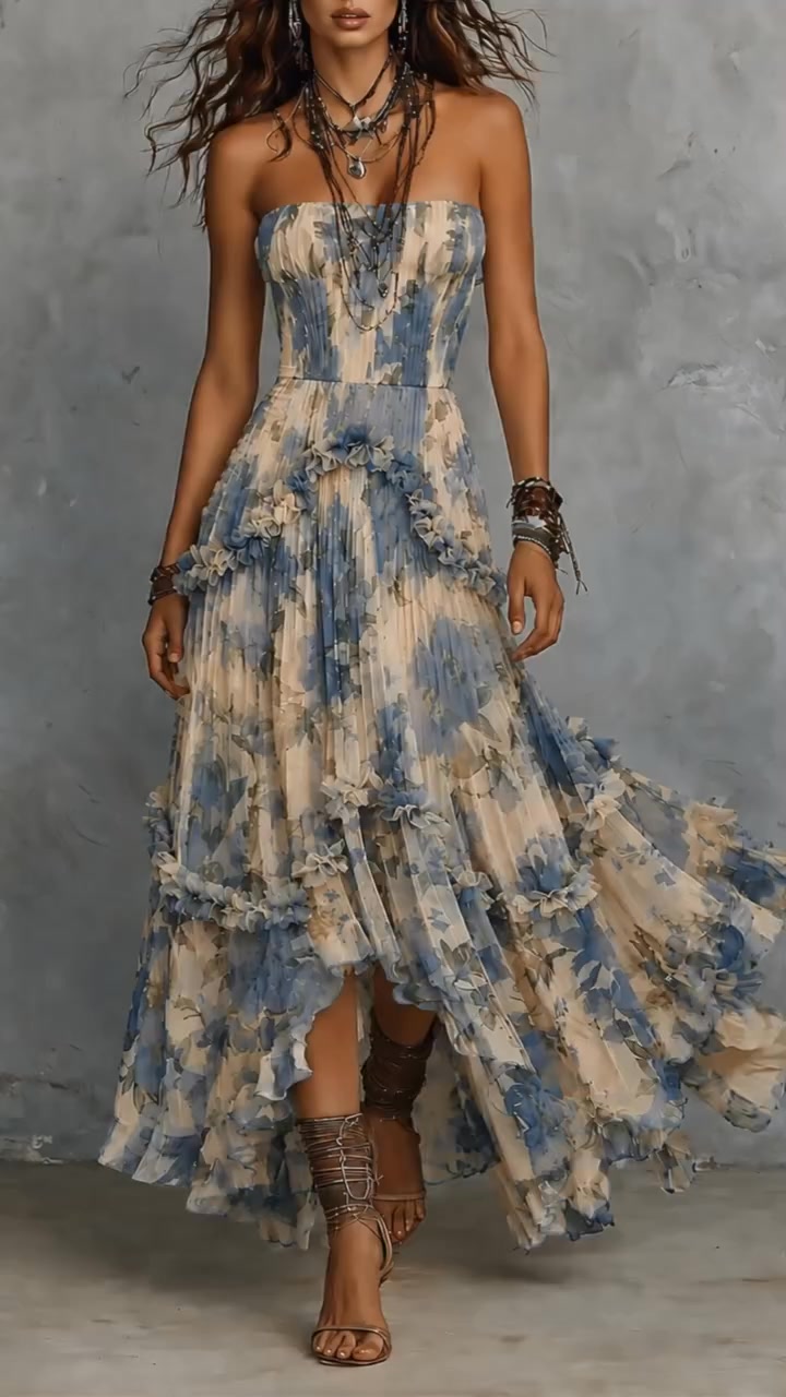 Strapless Printed Chiffon Maxi Dress