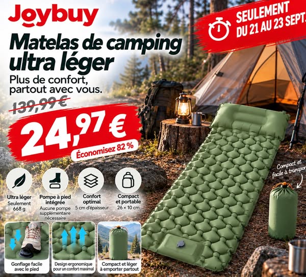 VXOYO Tapis de couchage de camping - Taille simple 192×58 cm / 75,6×22,8 in, Tapis gonflable ultraléger avec oreiller intégré et pompe à pie