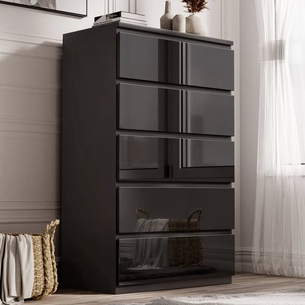 High Gloss 5 Drawer Tall Chest of Drawers