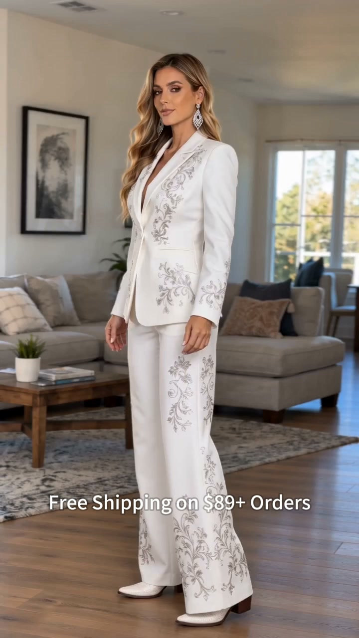 Ivory White Delicate Floral Print Two-Piece Suit And Trousers Set