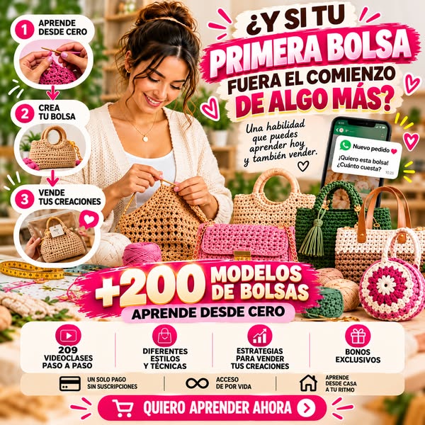 ¡Olvídate de los patrones difíciles! Aprende a crear +200 bolsas de crochet en vídeo.