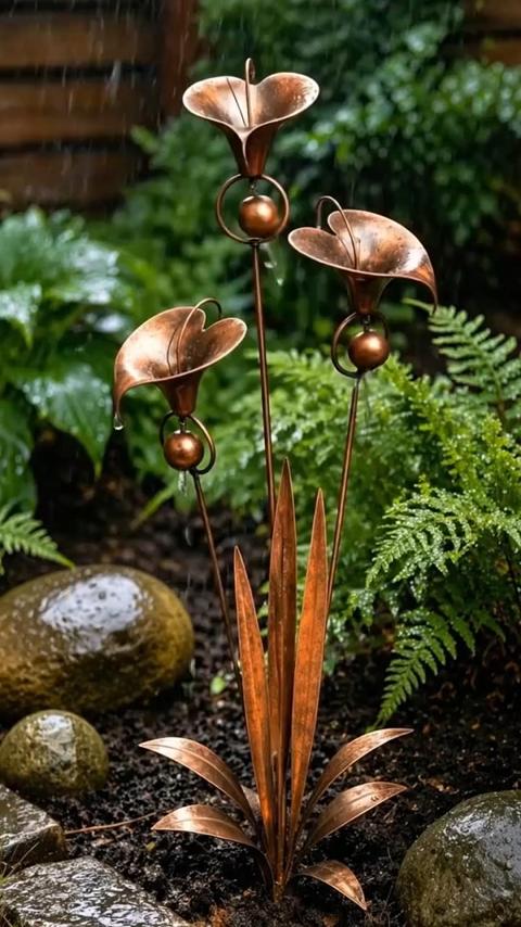 Flamed Copper Three Calla Lilies Garden Stake with Bells