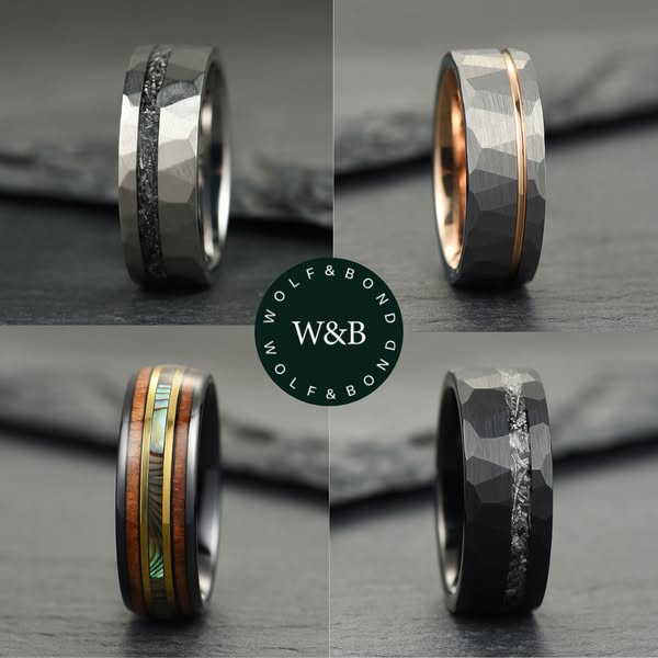 The Horizon – Black & Gold Tungsten Ring With Abalone Shell & Wood (6mm, 8mm)