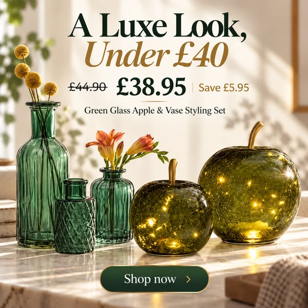 Green Glass Apple & Vase Styling Set