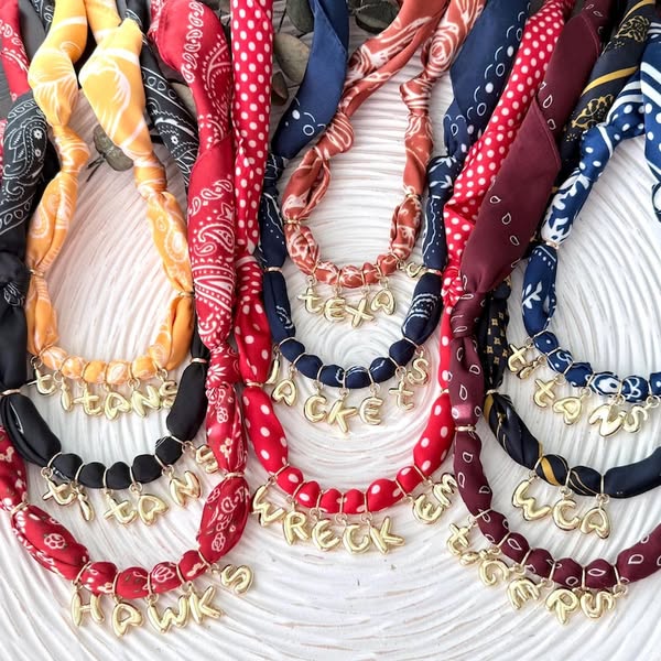 Personalized Silk Scarf Bandana Necklace, Gold Bubble Letter Charms, Game Day Accessory