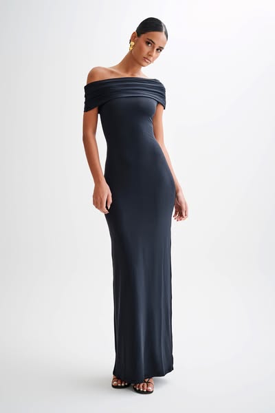 Cassandra Off Shoulder Slinky Maxi Dress - Black | £45