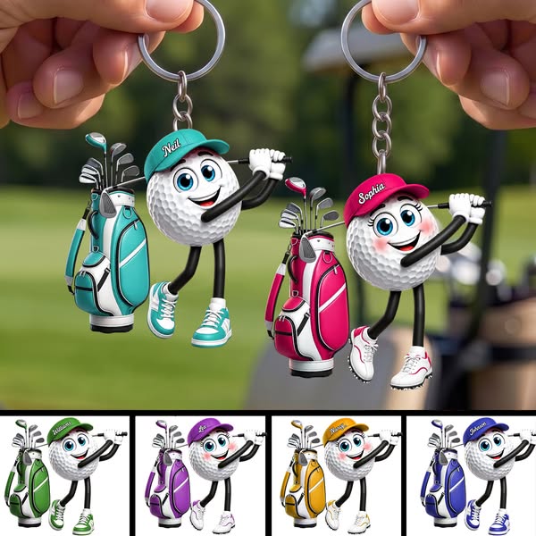 Golf Follow-Through Swing Cartoon Golfer - Personalized Golf Ball Mascot Keychain Gift for Male & Female Golfer
