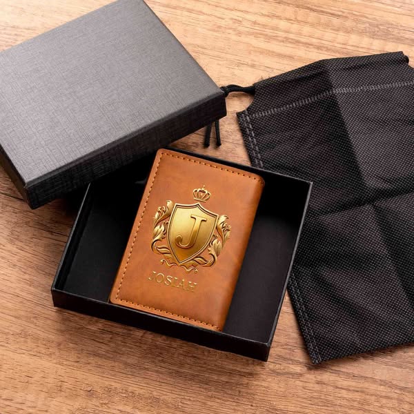 Carteira masculina de couro com nome personalizado, coroa dourada, alfabeto, proteção RFID e porta-cartões pop-up. Ideal para aniversários