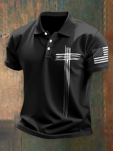 Men's American Flag Cross Button Short Sleeve Polo Shirt